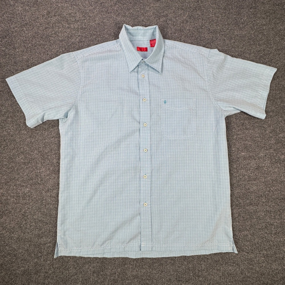 IZOD Shirt Mens L Light Blue‎ Checkered Short Sleeve Button Down Casual